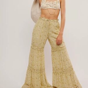 Free People Yellow Floral Wide Leg Tiered Pants